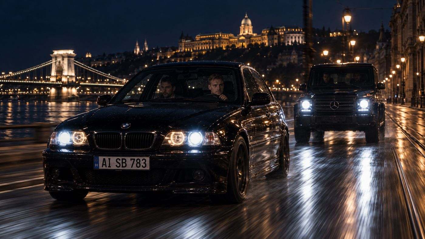 Parallel Lines: the black E46 on the Danube embankment at night, the Chain Bridge behind