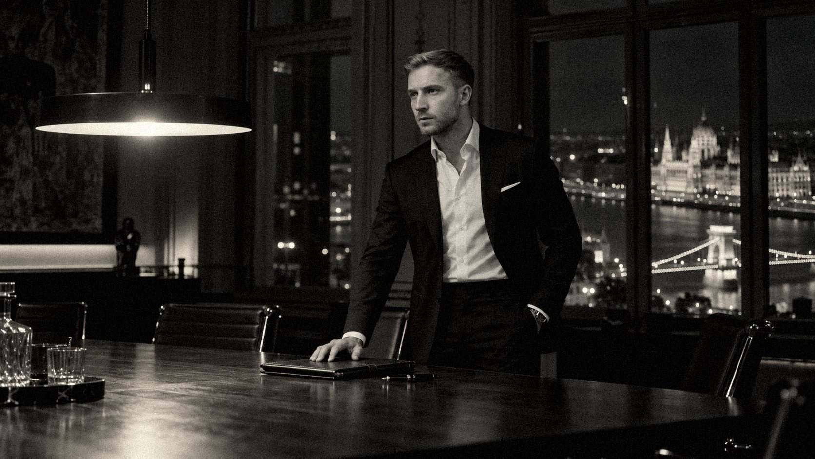 Balázs Schultz at the head of a boardroom table at night, Parliament and the Chain Bridge through the windows